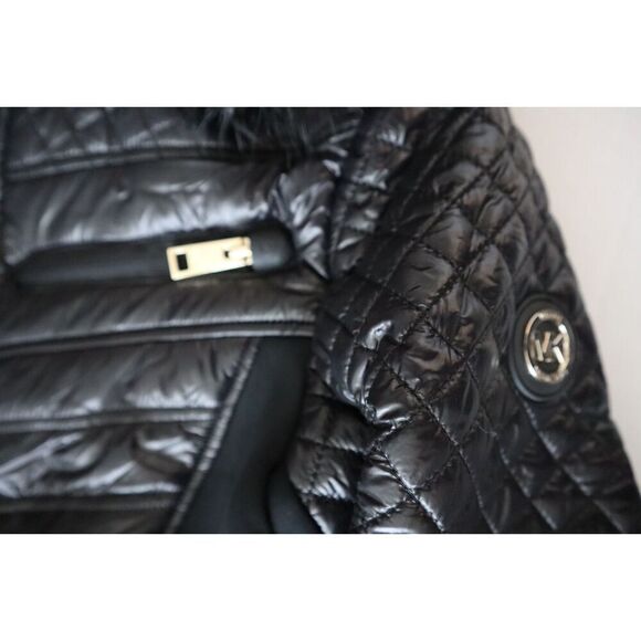 Michael Kors Women Sz M Black Faux-Fur-Trim Mixed Media Hooded Quilted Coat - Picture 10 of 16